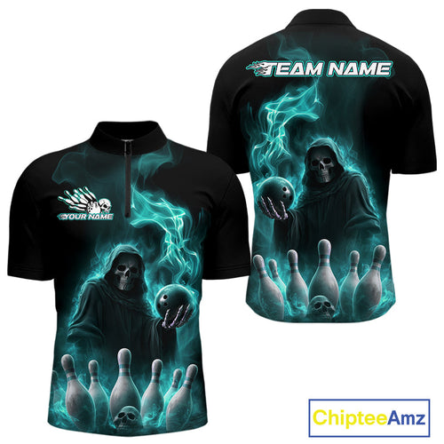 Custom Turquoise Blue Flame Grim Reaper Bowling Men Quarter-Zip Shirts, Halloween Bowler Outfit IPHW9736