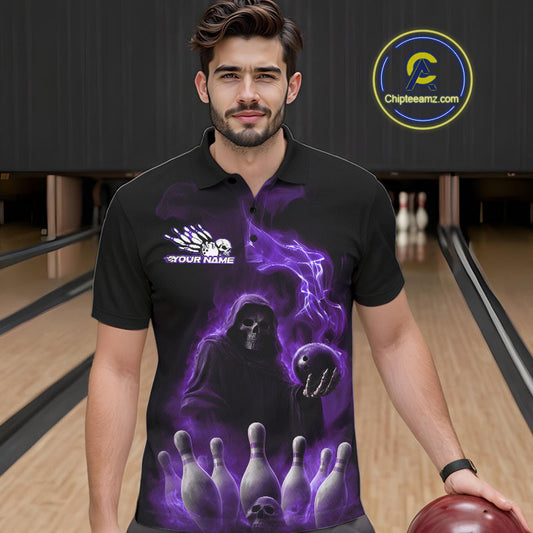 Custom Purple Flame Grim Reaper Bowling Men Polo Shirts, Halloween Bowler Outfit IPHW9737