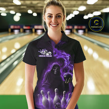 Load image into Gallery viewer, Custom Purple Flame Grim Reaper Bowling Women Polo Shirts, Halloween Bowler Outfit IPHW9737