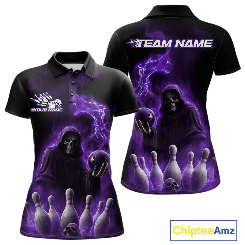 Custom Purple Flame Grim Reaper Bowling Women Polo Shirts, Halloween Bowler Outfit IPHW9737