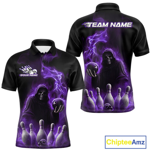 Custom Purple Flame Grim Reaper Bowling Men Polo Shirts, Halloween Bowler Outfit IPHW9737