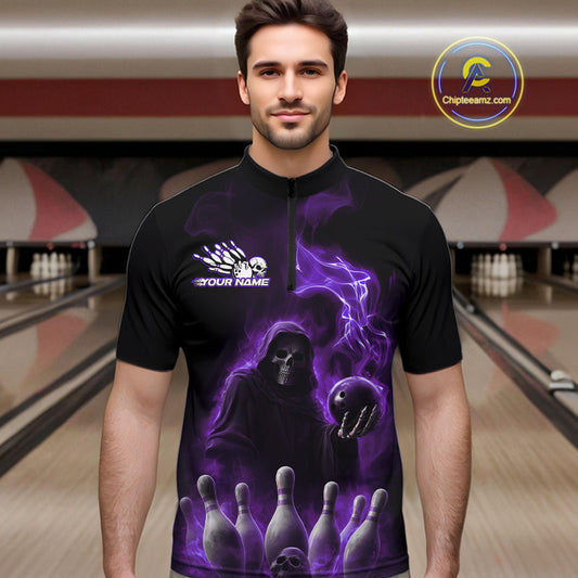 Custom Purple Flame Grim Reaper Bowling Men Quarter-Zip Shirts, Halloween Bowler Outfit IPHW9737