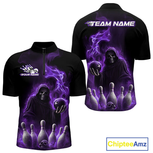 Custom Purple Flame Grim Reaper Bowling Men Quarter-Zip Shirts, Halloween Bowler Outfit IPHW9737