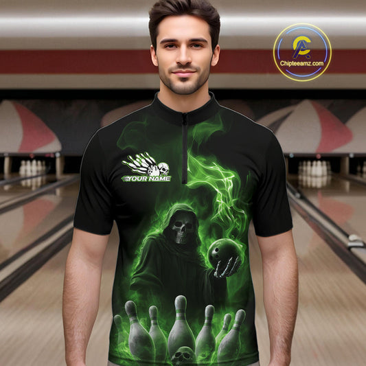 Custom Green Flame Grim Reaper Bowling Men Quarter-Zip Shirts, Halloween Bowler Outfit IPHW9738