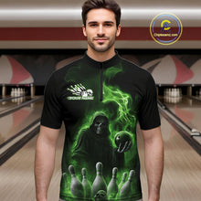 Load image into Gallery viewer, Custom Green Flame Grim Reaper Bowling Men Quarter-Zip Shirts, Halloween Bowler Outfit IPHW9738