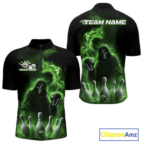 Custom Green Flame Grim Reaper Bowling Men Quarter-Zip Shirts, Halloween Bowler Outfit IPHW9738