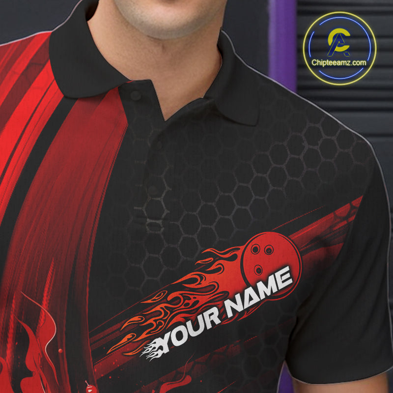 Custom Black And Red Flame Bowling Jerseys, Bowling Team Polo Shirts For Men IPHW9884