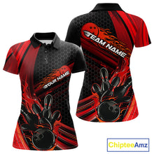 Load image into Gallery viewer, Custom Black And Red Flame Bowling Jerseys, Bowling Team Polo Shirts For Women IPHW9884