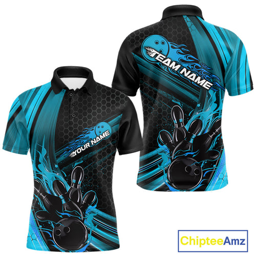 Custom Black And Blue Flame Bowling Jerseys, Bowling Team Polo Shirts For Men IPHW9885