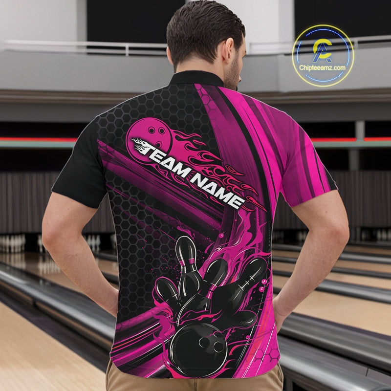 Custom Black And Pink Flame Bowling Jerseys, Bowling Team Quarter-Zip Shirts For Men IPHW9886