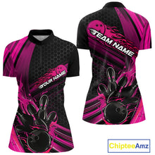 Load image into Gallery viewer, Custom Black And Pink Flame Bowling Jerseys, Bowling Team Quarter-Zip Shirts For Women IPHW9886