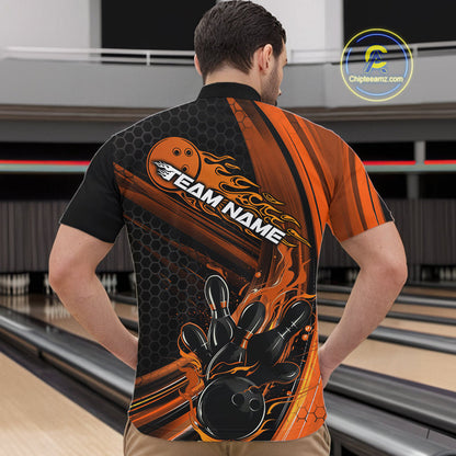Custom Black And Orange Flame Bowling Jerseys, Bowling Team Quarter-Zip Shirts For Men IPHW9887
