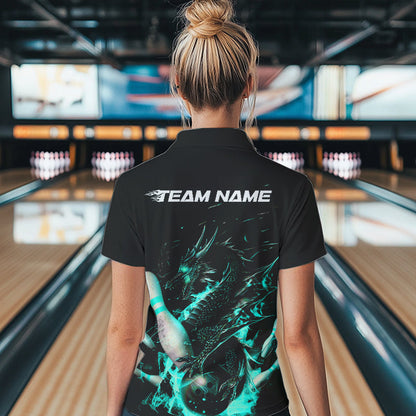 Custom Black And Blue Flame Dragon Womens Bowling Polo Shirt, Bowling Tournament Team Shirt IPHW8417