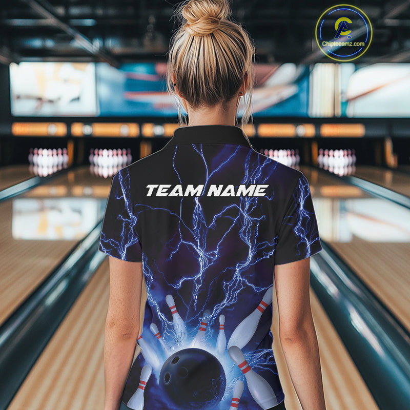 Custom Blue Thunder Lightning Bowling Ball And Pins Polo Shirts For Women, Team Uniform IPHW9507