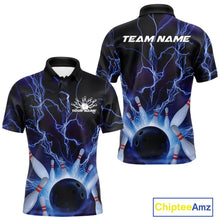 Load image into Gallery viewer, Custom Blue Thunder Lightning Bowling Ball And Pins Polo Shirts For Men, Team Uniform IPHW9507