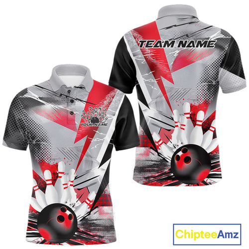 Custom Red And Gray Geometric Bowling Jerseys Bowling Team Polo Shirts For Men IPHW9508