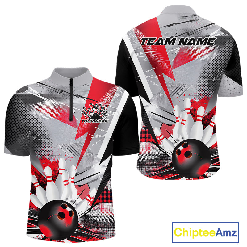 Custom Red And Gray Geometric Bowling Jerseys Bowling Team Quarter-Zip Shirts For Men IPHW9508