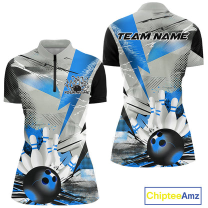 Custom Blue And Gray Geometric Bowling Jerseys Bowling Team Quarter-Zip Shirts For Women IPHW9509