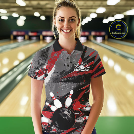 Custom Grunge Red Bowling Polo Shirts For Women, Vintage Bowling Team Shirts IPHW9511