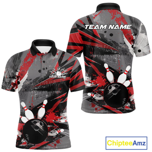 Custom Grunge Red Bowling Polo Shirts For Men, Vintage Bowling Team Shirts IPHW9511