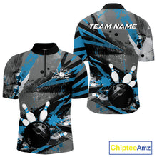 Load image into Gallery viewer, Custom Grunge Blue Bowling Quarter-Zip Shirts For Men, Vintage Bowling Team Shirts IPHW9512