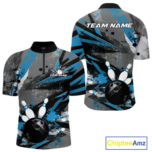 Custom Grunge Blue Bowling Quarter-Zip Shirts For Men, Vintage Bowling Team Shirts IPHW9512