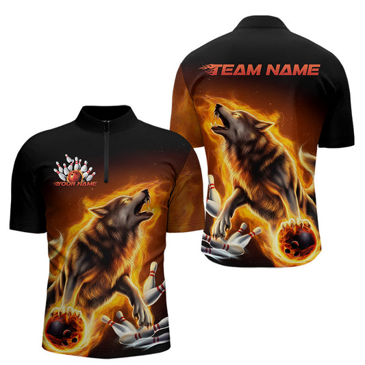 Custom Fire Flaming Wolf Bowling Quarter-Zip Shirts For Men, Wolf Bowling Tournament Shirt IPHW8427