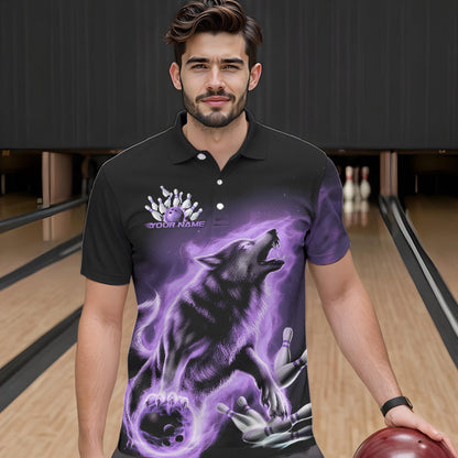 Custom Purple Fire Flaming Wolf Bowling Polo Shirts For Men, Wolf Bowling Tournament Shirt IPHW8428