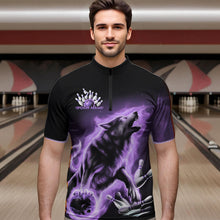 Load image into Gallery viewer, Custom Purple Fire Flaming Wolf Bowling Quarter-Zip Shirts For Men, Wolf Bowling Tournament Shirt IPHW8428