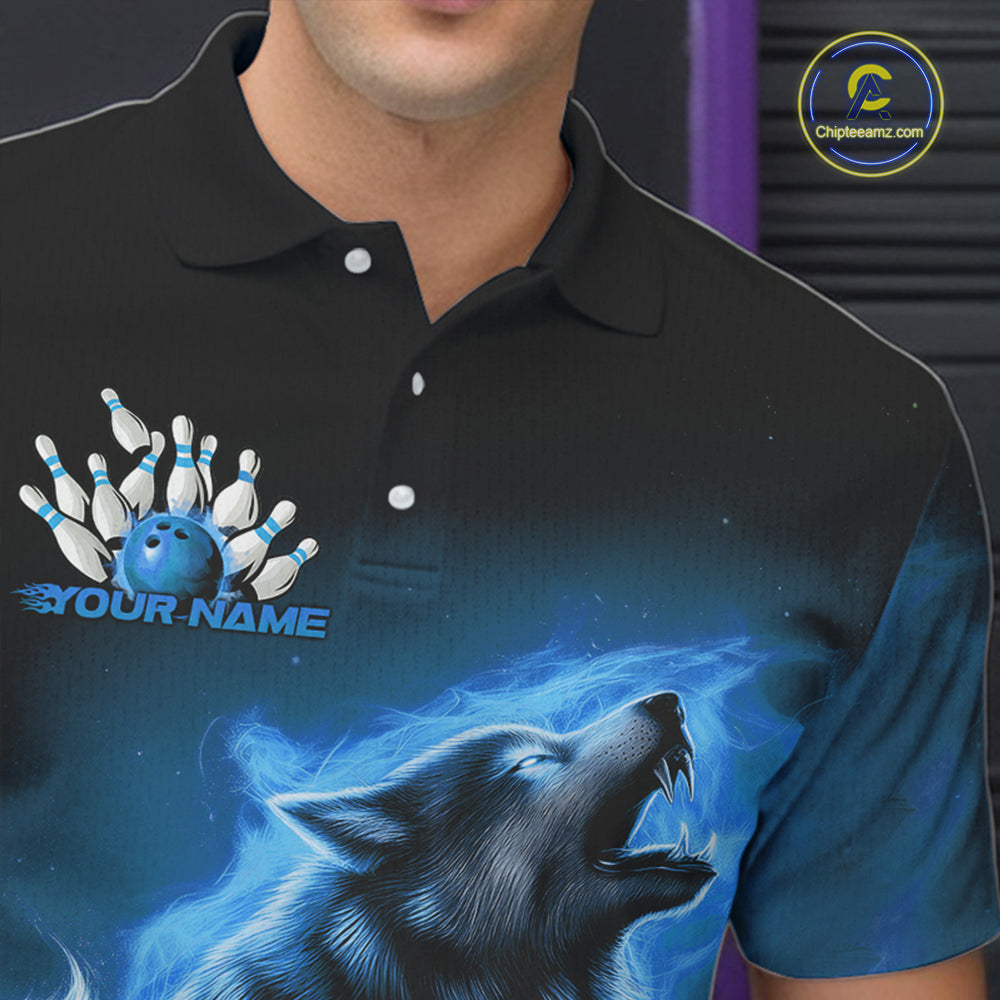 Custom Blue Fire Flaming Wolf Bowling Polo Shirts For Men, Wolf Bowling Tournament Shirt IPHW8429