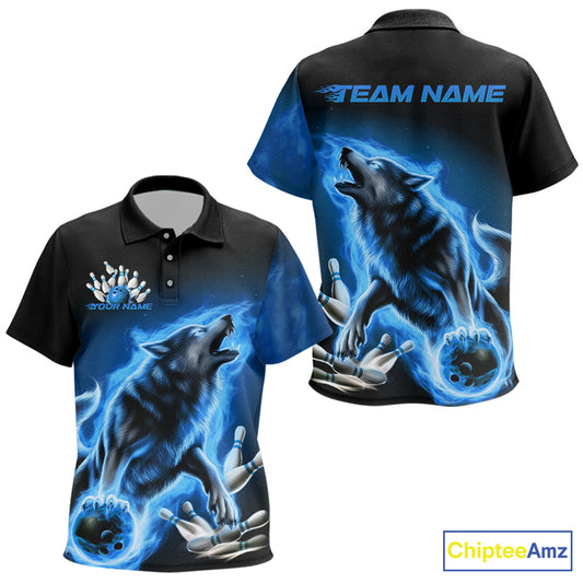 Custom Blue Fire Flaming Wolf Bowling Polo Shirts For Kid, Wolf Bowling Tournament Shirt IPHW8429