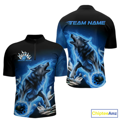 Custom Blue Fire Flaming Wolf Bowling Quarter-Zip Shirts For Men, Wolf Bowling Tournament Shirt IPHW8429