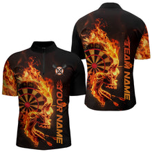Load image into Gallery viewer, Custom Black And Orange Flame Skull Dart Men Quarter-Zip Shirts, Halloween Dart Team Outfit IPHW8434