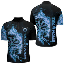 Load image into Gallery viewer, Custom Black And Blue Flame Skull Dart Men Quarter-Zip Shirts, Halloween Dart Team Outfit IPHW8435