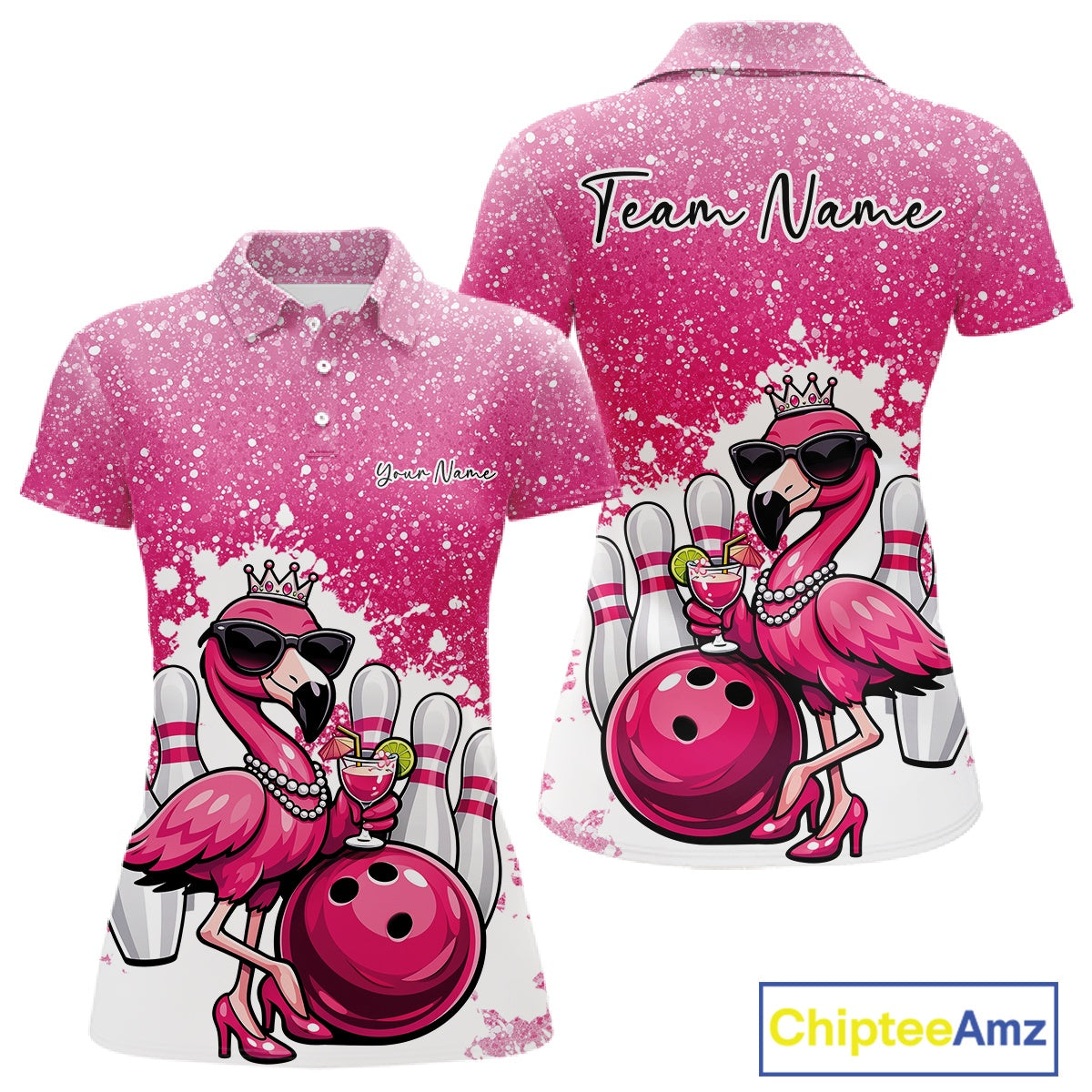 Front and back view of a pink women’s bowling polo shirt showcasing a crowned flamingo holding a cocktail beside a bowling ball on a paint splatter background.