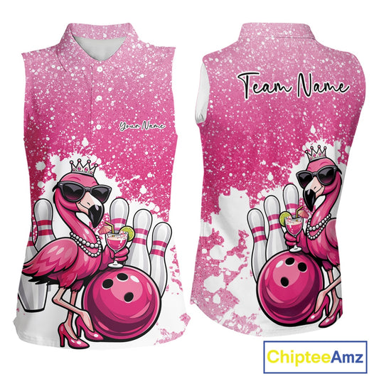 Front and back mockup of a pink women’s sleeveless bowling shirt with a crowned flamingo holding a cocktail beside a bowling ball and paint splatter artwork.