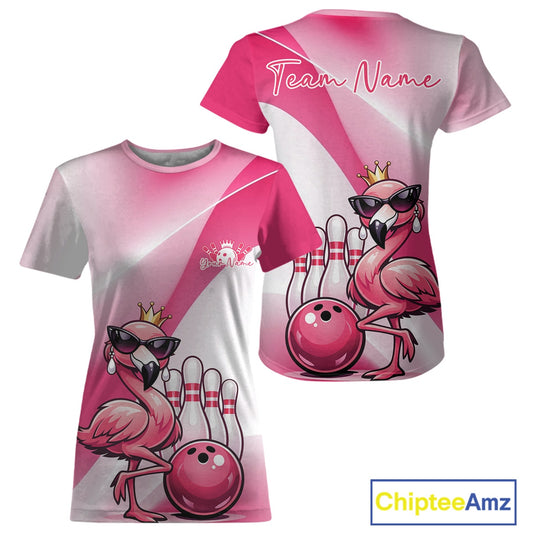 Front and back mockup of a pink women’s crewneck bowling T-shirt featuring a crowned flamingo wearing sunglasses beside a bowling ball.