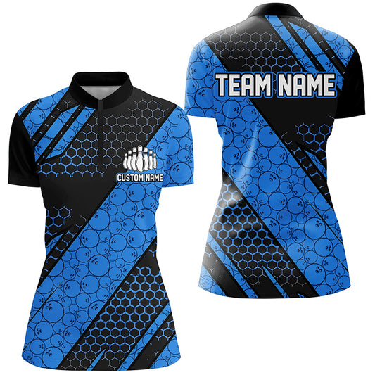 Bowling Ball Pattern Custom Bowling Team Jerseys, Bowlers Shirts For Women | Blue IPHW6474