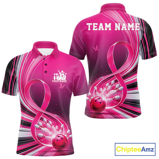 Front and back mockup of a men's pink bowling polo featuring breast cancer awareness ribbon artwork and bowling graphics