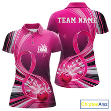 Load image into Gallery viewer, Front and back mockup of a womens pink bowling polo featuring breast cancer awareness ribbons and bowling-themed graphics