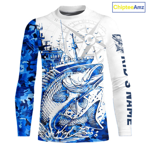 Custom Blue Camo Saltwater Redfish Kid Long Sleeve Fishing Shirts, Offshore Fishing Shirt IPHW9170