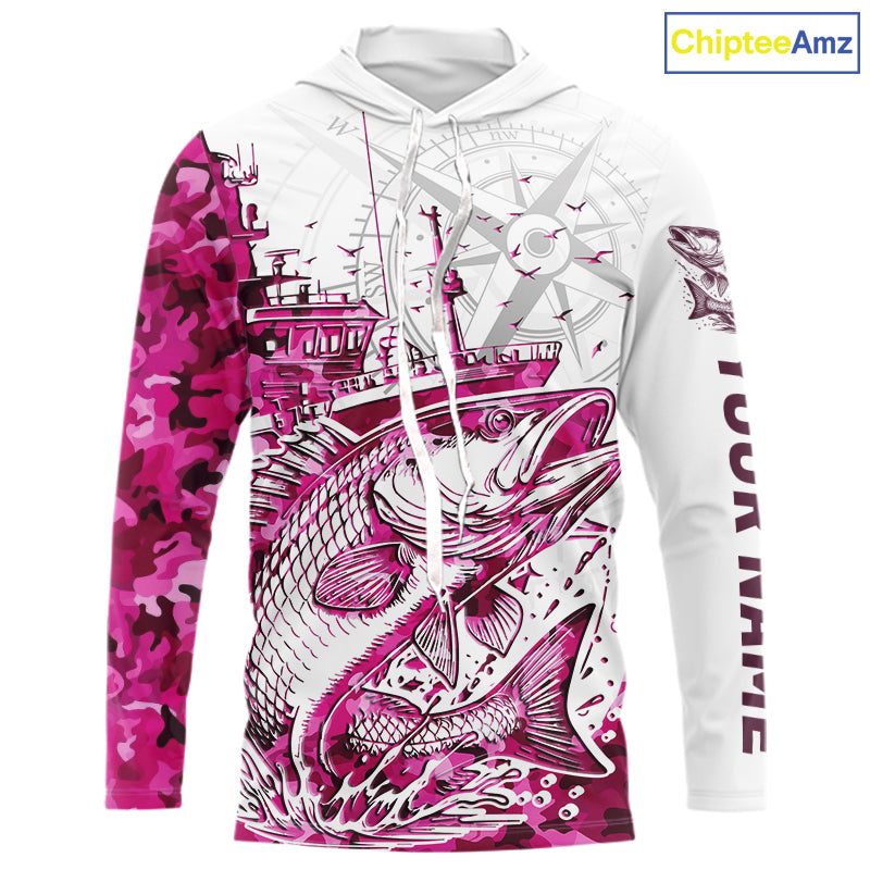 Custom Pink Camo Saltwater Redfish Long Sleeve Hooded Fishing Shirts, Offshore Fishing Shirt IPHW9171