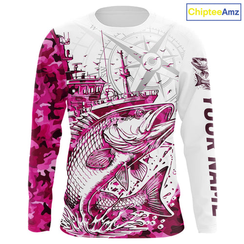 Custom Pink Camo Saltwater Redfish Puppy Drum Long Sleeve Fishing Shirts, Offshore Fishing Shirt IPHW9171