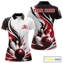 Load image into Gallery viewer, Front and back view of a women's bowling polo shirt mockup featuring a flaming bowling ball striking pins design on a white, black, and red shirt.