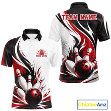 Load image into Gallery viewer, Front and back view of a men's bowling polo shirt mockup featuring a flaming bowling ball striking pins design on a white, black, and red shirt.