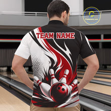 Load image into Gallery viewer, Front view of a male model wearing a white, black, and red bowling quarter zip shirt featuring a flaming bowling ball striking pins artwork in a bowling lane.