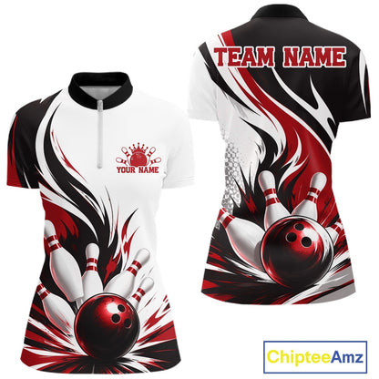 Front and back view of a women's bowling quarter zip mockup featuring a flaming bowling ball striking pins design on a white, black, and red shirt.