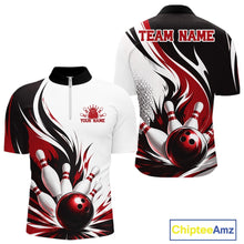Load image into Gallery viewer, Front and back view of a men's bowling quarter zip shirt mockup showcasing a flaming bowling ball striking pins design on a white, black, and red shirt.