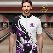 Load image into Gallery viewer, Front view of a male model wearing a white, black, and purple bowling quarter zip shirt featuring a flaming bowling ball knocking down pins in a bowling lane.