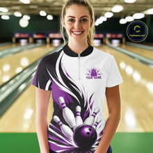 Load image into Gallery viewer, Female model shown from the front wearing a white, black, and purple bowling quarter zip shirt featuring a flaming bowling ball striking pins artwork in a bowling lane.